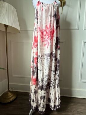 Women’s Maxi Halter Dress in Ivory with Pink & Gray Tie-Dye